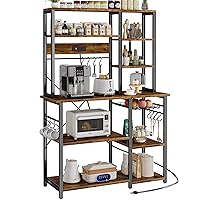 Large Bakers Rack with Power Outlets, 6-Tier Microwave Stand, Coffee Bar with 12 S-Shaped Hooks, Kitchen Shelf with Wire Basket, 39.3 x 15.5 x 66.9 Inches, Rustic Brown