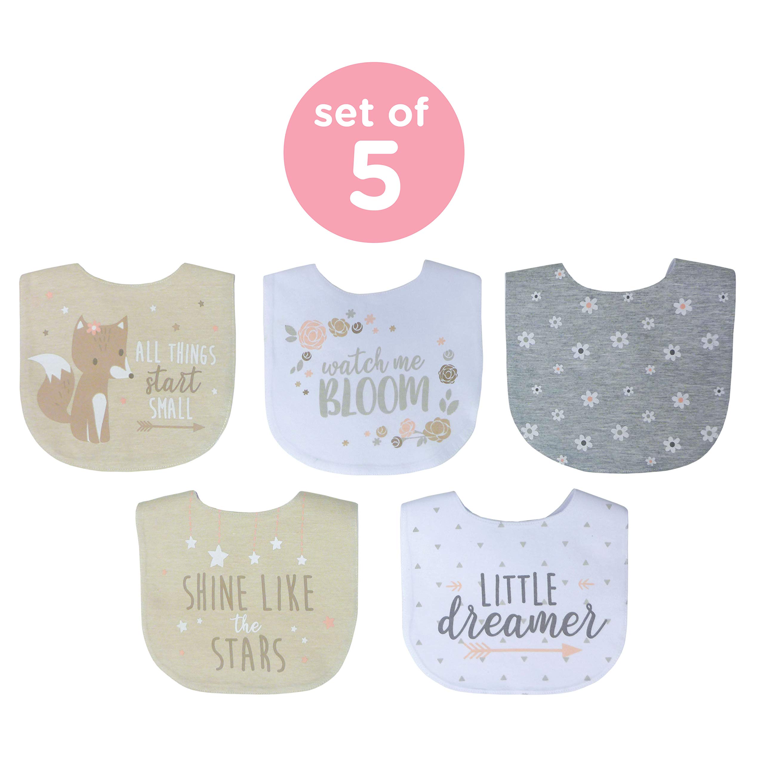 Neat Solutions 5 Pack Aspirational Bib Set with Mixed Fabrics & Water Resistant Inner Core - Girl, Grey Oatmeal While