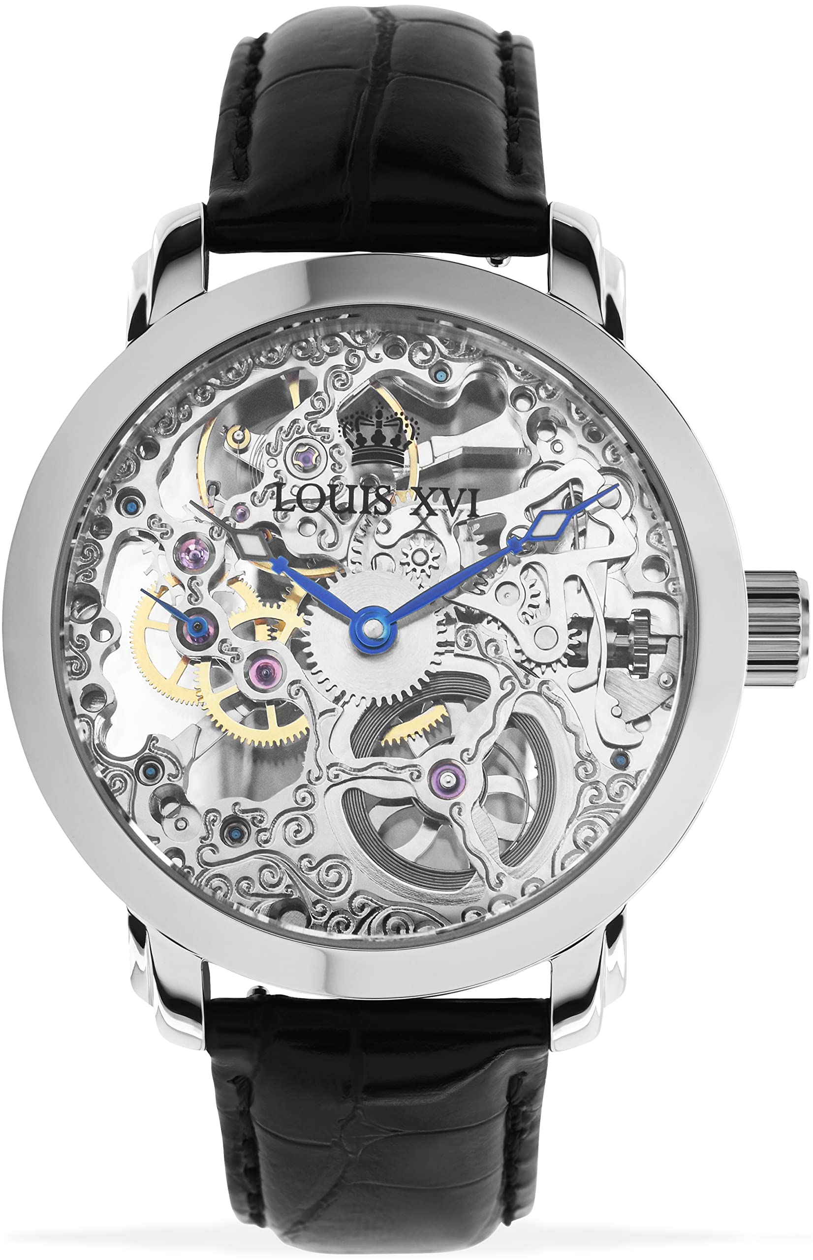 LOUIS XVI Herren-Armbanduhr Versailles Silber Handaufzug Mechanisch Skeleton Analog PU-Leder Schwarz 334
