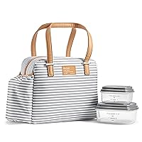 Fit & Fresh Lunch Bag For Women, Insulated Womens Lunch Bag For Work, Leakproof & Stain-Resistant Large Lunch Box For Women With Expandable Bottle Pocket, Laketown Lunch Bag Gray Stripe