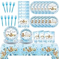 98 PCS Bear Baby Shower Decorations We Can Bearly Wait Tableware Set Baby Shower Themed Tablecloth Plates Boho Napkins Forks for Boy Girl Baby Shower Gender Reveal Birthday Party Supplies