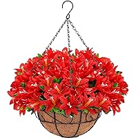 Ouddy Decor Artificial Hanging Flowers in Basket, Silk Azalea Flowers with Coconut Lining Hanging Baskets Outdoor Fake Hanging Plants Spring Flowers for Yard Patio Front Porch Home Decor, Red