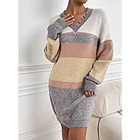 Sweater Dress for Women Colorblock Distressed Drop Shoulder Sweater Dress Without Belt Sweater Dress for Women (Color : Multicolor, Size : Large)