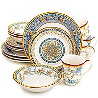 Euro Ceramica Duomo 16 Piece Stoneware Dinnerware Set, Service for 4 – Thanksgiving-Fall-Summer Dishes - Floral Design, Multicolor