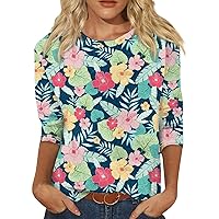 Hawaiian Shirts for Women Plus Size Summer 3/4 Sleeve Cute Graphic Tees Blouses Casual Basic Tops Pullover