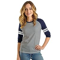 Decrum Heather Gray and Navy Soft Cotton Jersey 3/4 Sleeve Raglan Striped Shirts for Womens | [40041043] Hethr&NVY Striped Rgln, M