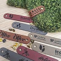 Customized 2.5 x 0.5 in Faux Leather Product Tags With Rivets Personalized Tags for Knitting and Crochet, Cute Labels Handmade Perfect for Hats Beanies Scarves & More (10 Labels)