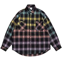 Men Women Plaid Flannel Shirts Jackets Colour Block Lightweight Long Sleeve Button Up Oversized Shirt
