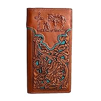 Men leather wallet Praying cross tooled long checkbook western men wallet Brown (Tan)