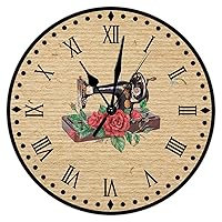 Rose Flower Sewing Machine Art Clock Battery Non Ticking Silent Wall Clocks Tailor Sewing Time Sew Wall Clocks Craft Room Decor Clock Vintage Farmhouse 10inch Round Clock for Bathroom Bedroom