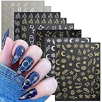 8PCS Metallic Nail Art Sticker Decal 3D Self-Adhesive Thorn Flame Snake Irregular Star Moon Sun Butterfly Stripe Gold Silver Nail Stickers for Women DIY French Nail Decals Supplies Manicure Decoration