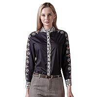 Women's Casual Black Floral Print Shirts Collared Neck Button up Blouse Top