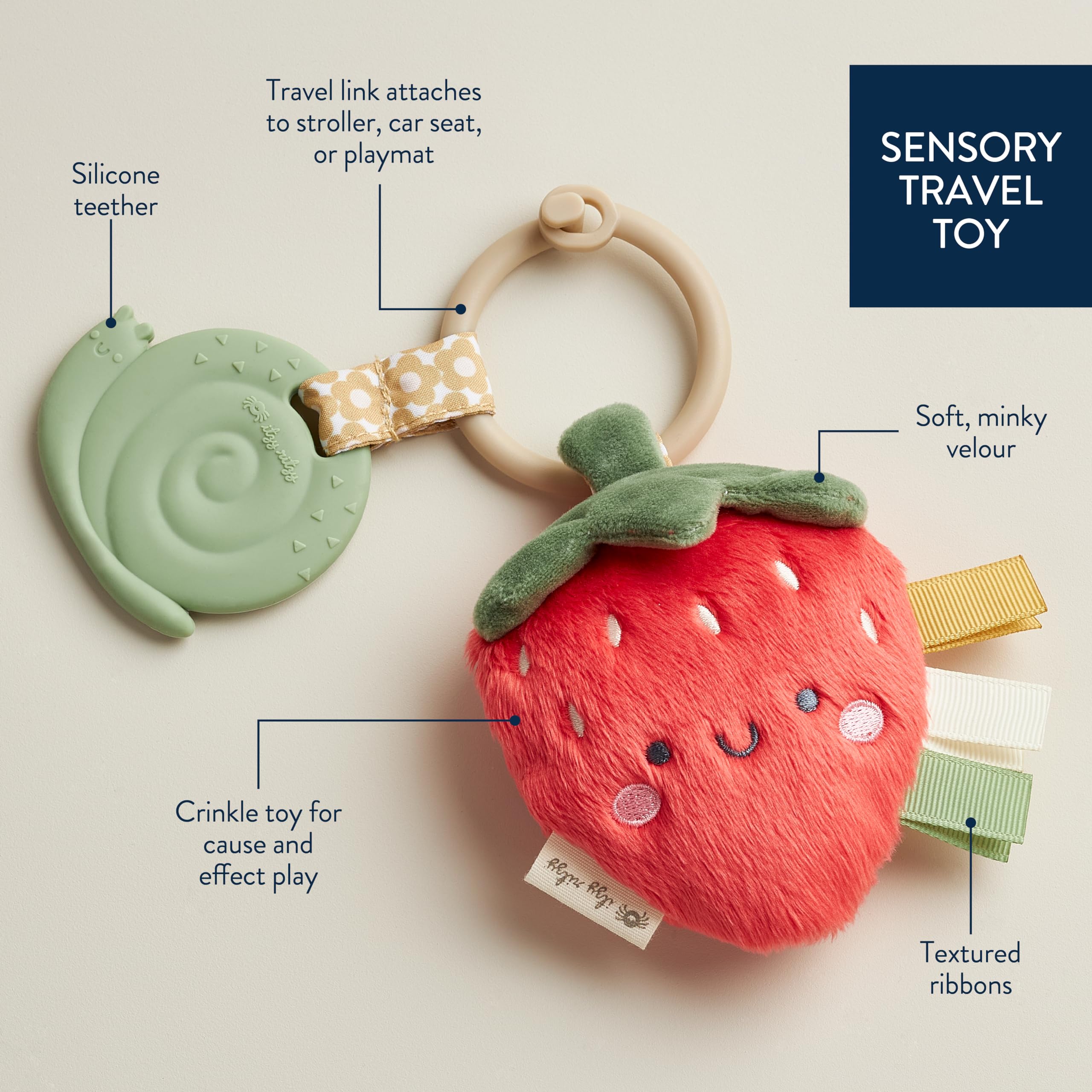 Itzy Ritzy Itzy Pal Infant Toy & Teether; Includes Lovey, Crinkle Sound, Textured Ribbons & Silicone Teether, Strawberry