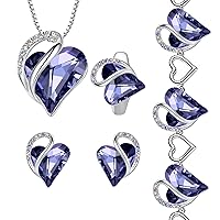 Leafael Infinity Love Heart Necklace, Stud Earrings, Bracelet, and Ring Set, February Birthstone Crystal Jewelry, Silver Tone Gifts for Women, Tanzanite Purple