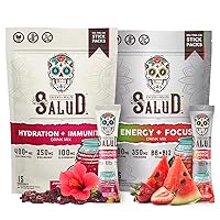 Salud 2-Pack | 2-in-1 Hydration + Immunity (Hibiscus) & Energy + Focus (Strawberry Watermelon) – 15 Servings Each, Agua Fresca Drink Mix, Non-GMO, Gluten Free, Vegan, Low Calorie, 1g of Sugar