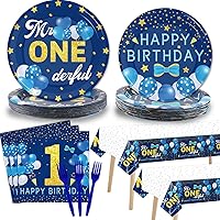 98 Pieces Mr Onederful 1st Birthday Party Decorations Boy 1st Birthday Tableware Set Blue Tablecloth Plates Party Supplies Kit for Baby Boy First Birthday Party Table Cover Dinnerware Party Favors