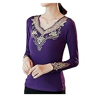 Women's Elegant Lace Tops Long Sleeve Sexy Mesh Rhinestone Floral Embroidered Blouses Stretchy Shirts