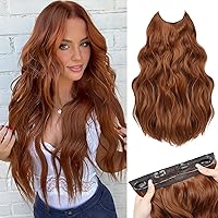 MORICA Invisible Wire Hair Extensions - 20 Inch Halo Hair Extensions Auburn Long Wavy Synthetic Hairpiece with Transparent Wire Adjustable Size, 4 Secure Clips for Women