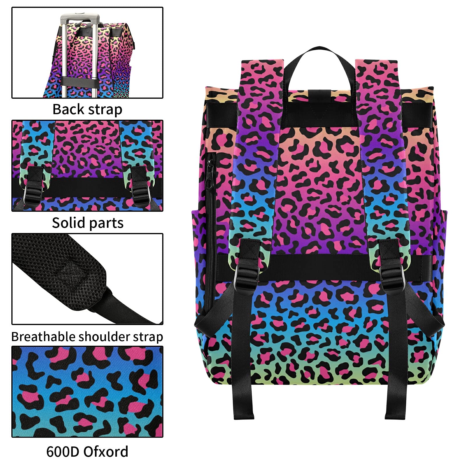 ALAZA Neon Rainbow Leopard Cheetah Large Laptop Backpack Purse for Women Men Waterproof Anti Theft Roll Top Backpack, 13 - 17.3 inch, Multi, One Size