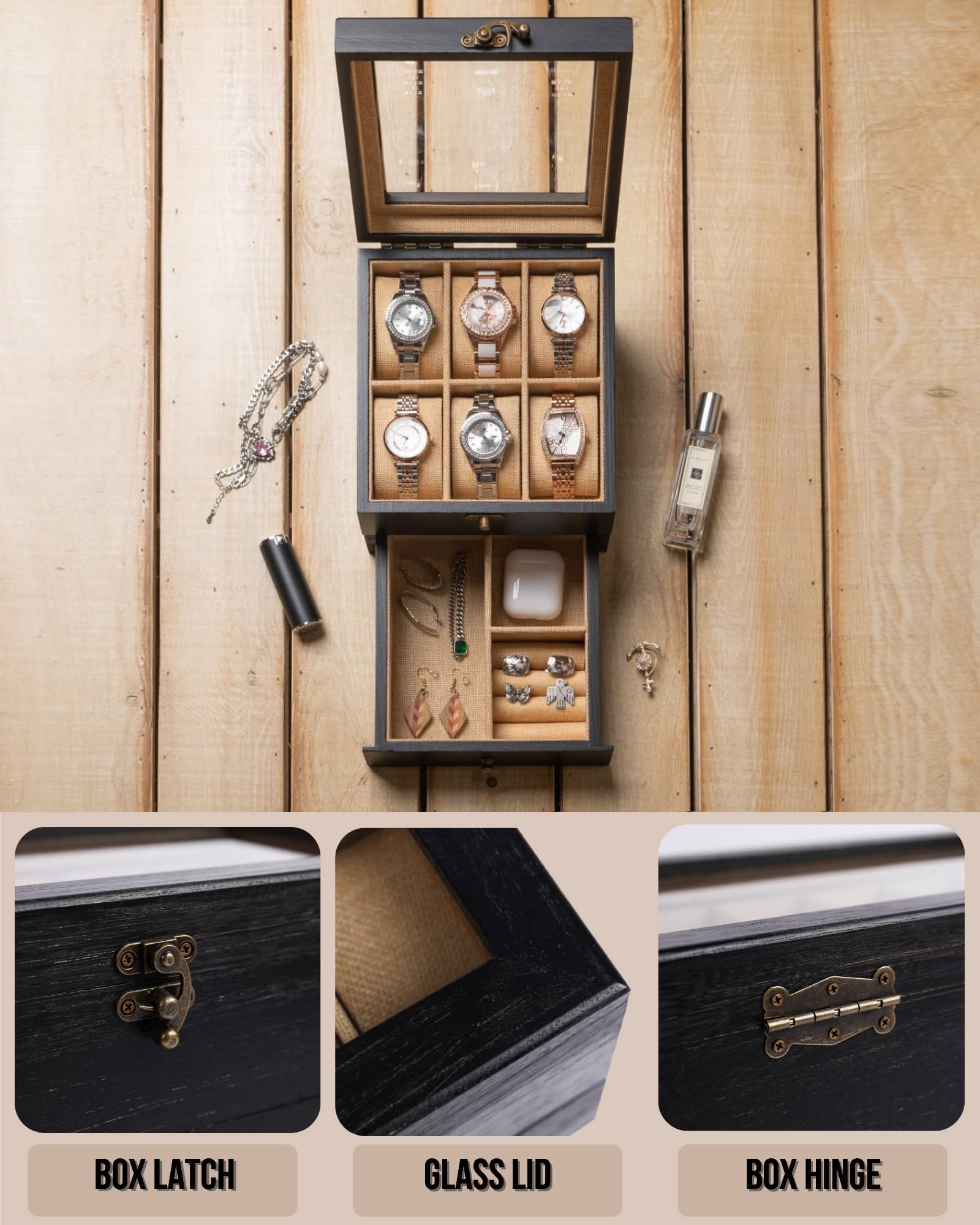 Exper City Watch Box Case Organizer Display Storage with Jewelry Drawer for Men Women Gift, Black Burlywood C46XVF6X 9S61W35D