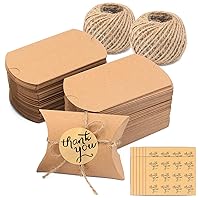 G2PLUS 100PCS Pillow Boxes, Kraft Paper Pillow Candy Boxes with Thank You Stickers, Wedding Favors Boxes, 3.5x2.75x0.98 inches Small Pillow Gift Boxes for Halloween, Christmas, Party Favors