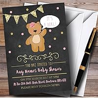 Chalk Gold Girls Teddy Bear Invitations Baby Shower Invitations