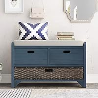 Merax Navy Classic Wood Shoe Storage Bench with 2 Drawers, Large Rattan Basket and Seat Cushion for Entryway Hallway Front Door, Type 5