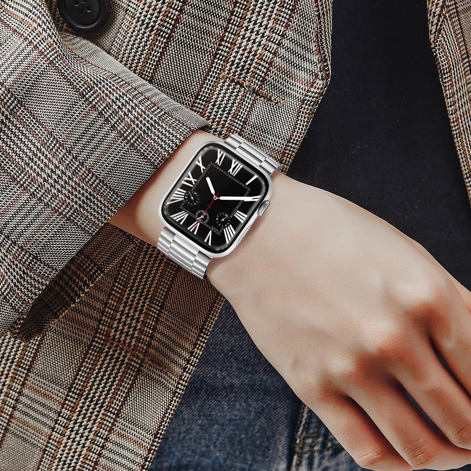 Higgs Armband Kompatibel mit Apple Watch Ultra/Ultra 2 Armband 49mm 45mm 44mm 42mm 41mm 40mm 38mm Damen/Herren, Einstellbar Armbänder für iWatch Series 9 8 7 SE 6 5 4 3 2 1, Silber Edelstahl Metall