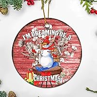 Personalized 3 Inch Snowman Kapok Berries I'm Dreaming of A Christmas Rustic Wood Grain White Ceramics Ornament Holiday Decoration Wedding Ornament Christmas Ornament Birthday for Ho