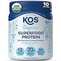 KOS Plant Based Protein Powder, Blueberry Muffin - Organic Pea Protein Superfood with Spirulina and Immune Support Blend. Soy, Gluten, Dairy Free - Vegan Meal Replacement for Women & Men - 10 Servings