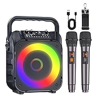Karaoke Machine with Two Wireless Microphones, Portable Karaoke Machine for Adults & Kids, Portable Bluetooth Speaker with PA System, LED Lights, Supports TF Card/USB, AUX in, FM, USB,TWS (Black)