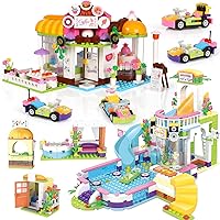 Friends Coffee House Pool Party Building Kit for Kids, Cafe Shop Swimming Pool Building Blocks Sets Creative Roleplay Christmas Birthday Gift for Girls Age 6-12 with Storage Box (1140 Pieces)