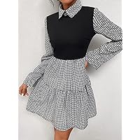 Dresses for Women - Gingham Print Ruffle Hem Dress (Color : Black and White, Size : X-Large)