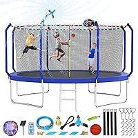 Upgraded 8FT/10FT/12FT/14FT Trampoline, Outdoor Trampoline with Basketball Hoop, Backyard Trampoline with Light, Sprinkler, Stakes, Capacity for 4-6 Kids and Adults
