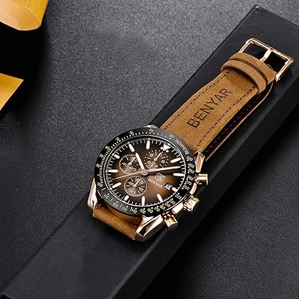 BY BENYAR Mens Watches Analog Waterproof Chronograph Men's Fashion Classic Elegant Wrist Watch with Leather Band Business Work Gifts for Men