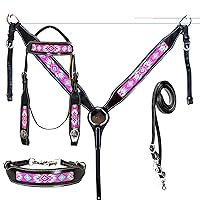 Manaal Enterprises Western Premium Leather Equestrian Trail Hand Carved Tooled Beaded Headstall, Breast Collar, Reins & Wither Straps Size Full