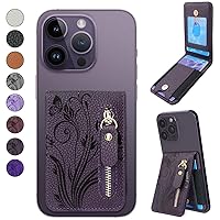 Card Holder Zipper Kickstand Phone Stick on Wallet for Back of Phone Pouch Adhesive for iPhone/Samsung/Moto/BLU/Nokia and Most Phones(Floral Midnight Purple)