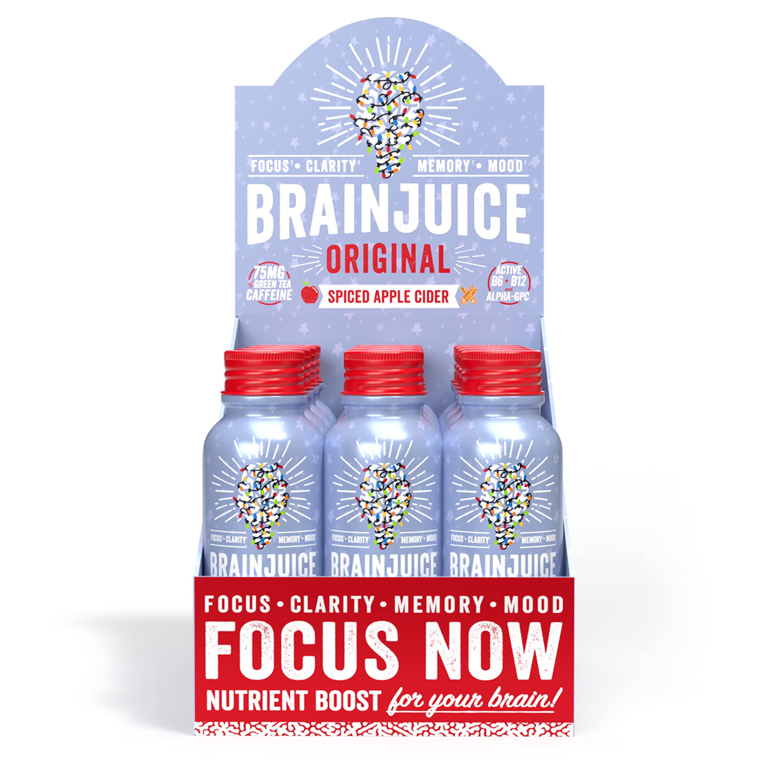 BrainJuice Brain Booster Shot, Spiced Apple Cider | Brain Support Supplement with Alpha GPC, B5, B6, B12 | Improved Energy, Memory, Focus, Clarity, & Mood | Gluten-Free, Non-GMO | 2.5 fl oz, 12 Pack