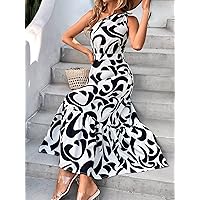 Women's Dress Dresses for Women Allover Print One Shoulder Dress (Color : Black and White, Size : Large)