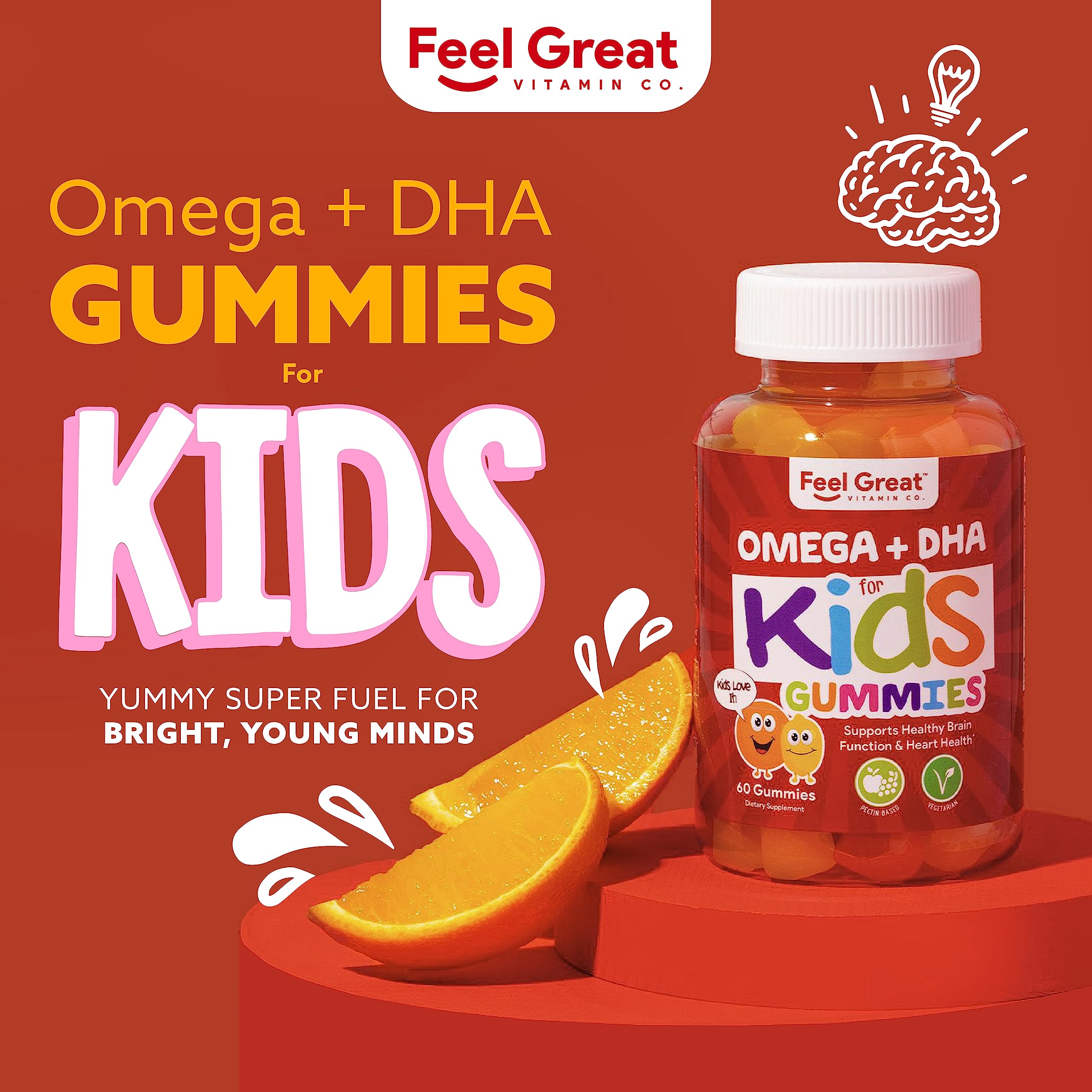 Feel Great Vitamin Co. Complete DHA Gummies for Kids | with Omega 3 6 9 + DHA, Vitamin C | Supports Healthy Brain Function, Vision & Heart Health | Gluten Free, Vegetarian | 60 Gummies