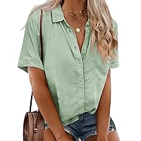 IN'VOLAND Womens Plus Size Linen Button Down Shirts Short Sleeve Cotton Casual Collared Shirt V Neck Summer Blouses Tops