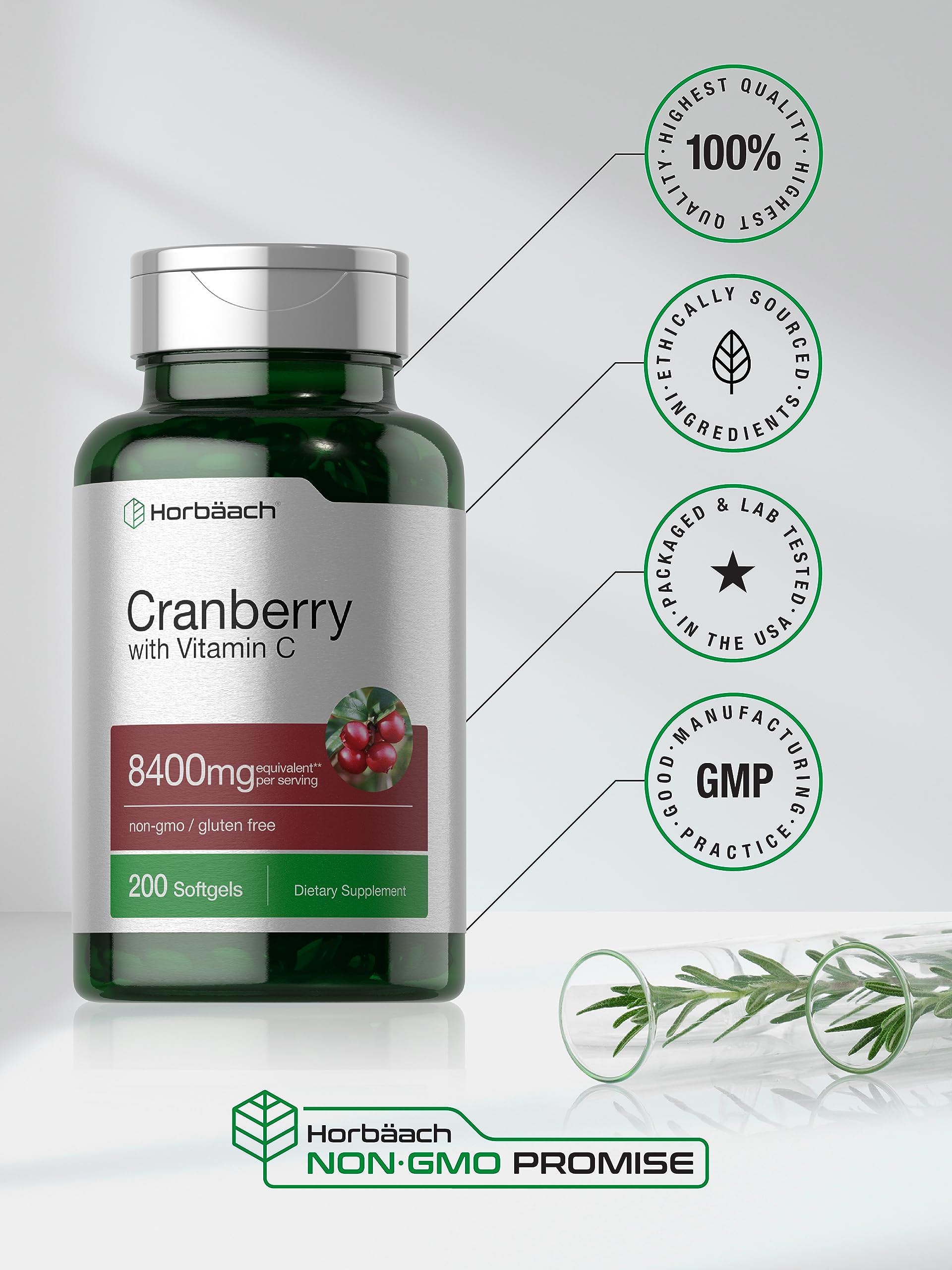Cranberry Pills with Vitamin C | 8400mg | 200 Softgels | Concentrate Extract Supplement | Non-GMO, Gluten Free by Horbaach