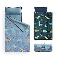 Wake In Cloud - Glow in The Dark Nap Mat with Pillow and Blanket, for Toddler Kids Boys Girls in Daycare Kindergarten Preschool, Colorful Dinosaur on Blue