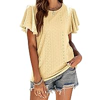 CASURESS Women's T-Shirts Loose Fit Crew Neck Eyelet Short Sleeve Summer Casual Basic Tops