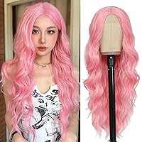NAYOO Pink Wig - 26 inch Pink Wavy Wigs for Women Synthetic Hair Replacement Wigs Middle Part Cosplay Wig Heat Resistant Fiber Wigs for Halloween Cosplay Daily Party (26Inch Pink)