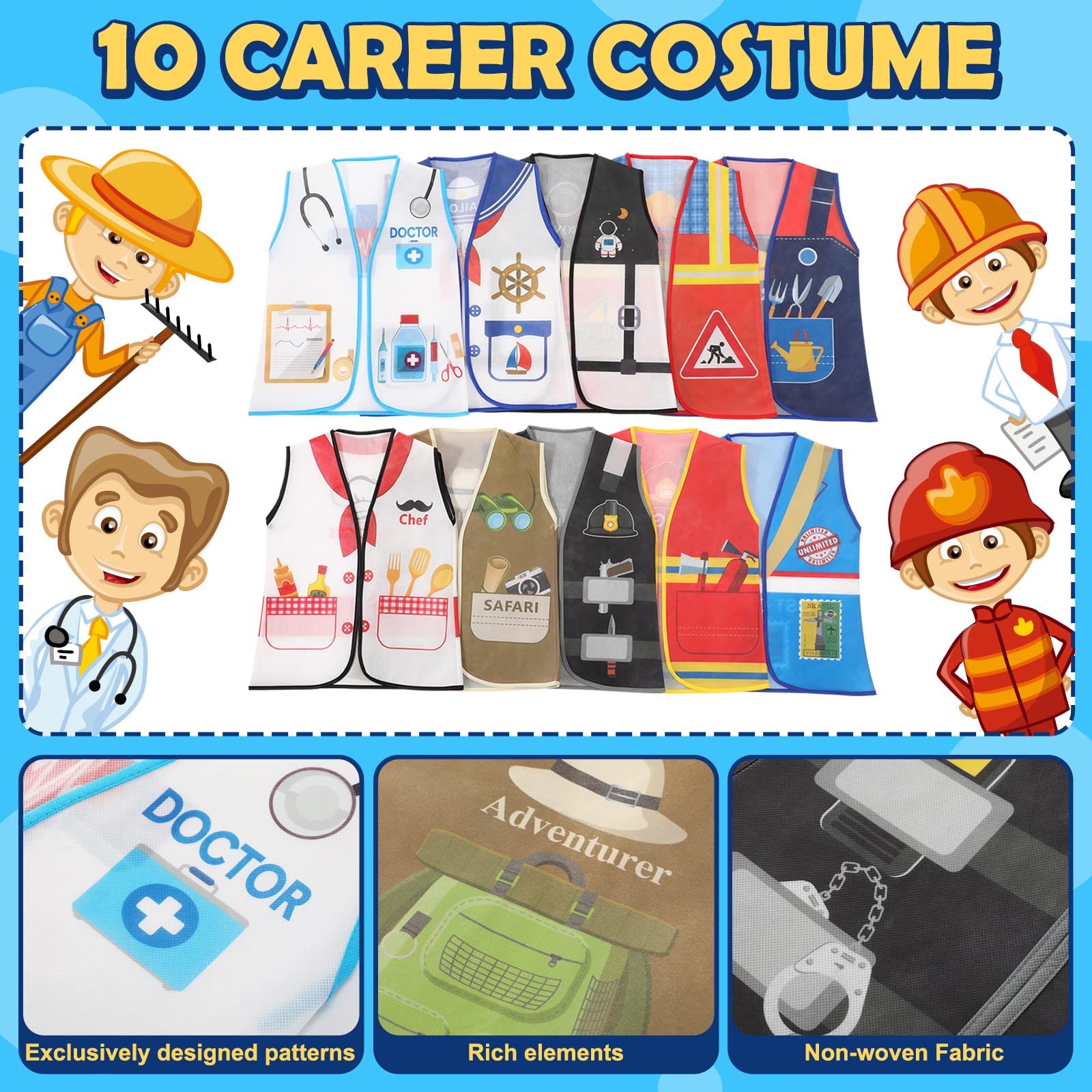 Geyoga 10 Pcs Kids Community Helper Dress Up Vest Career Cosplay Cloth Toddlers Occupation Pretend Play Costume
