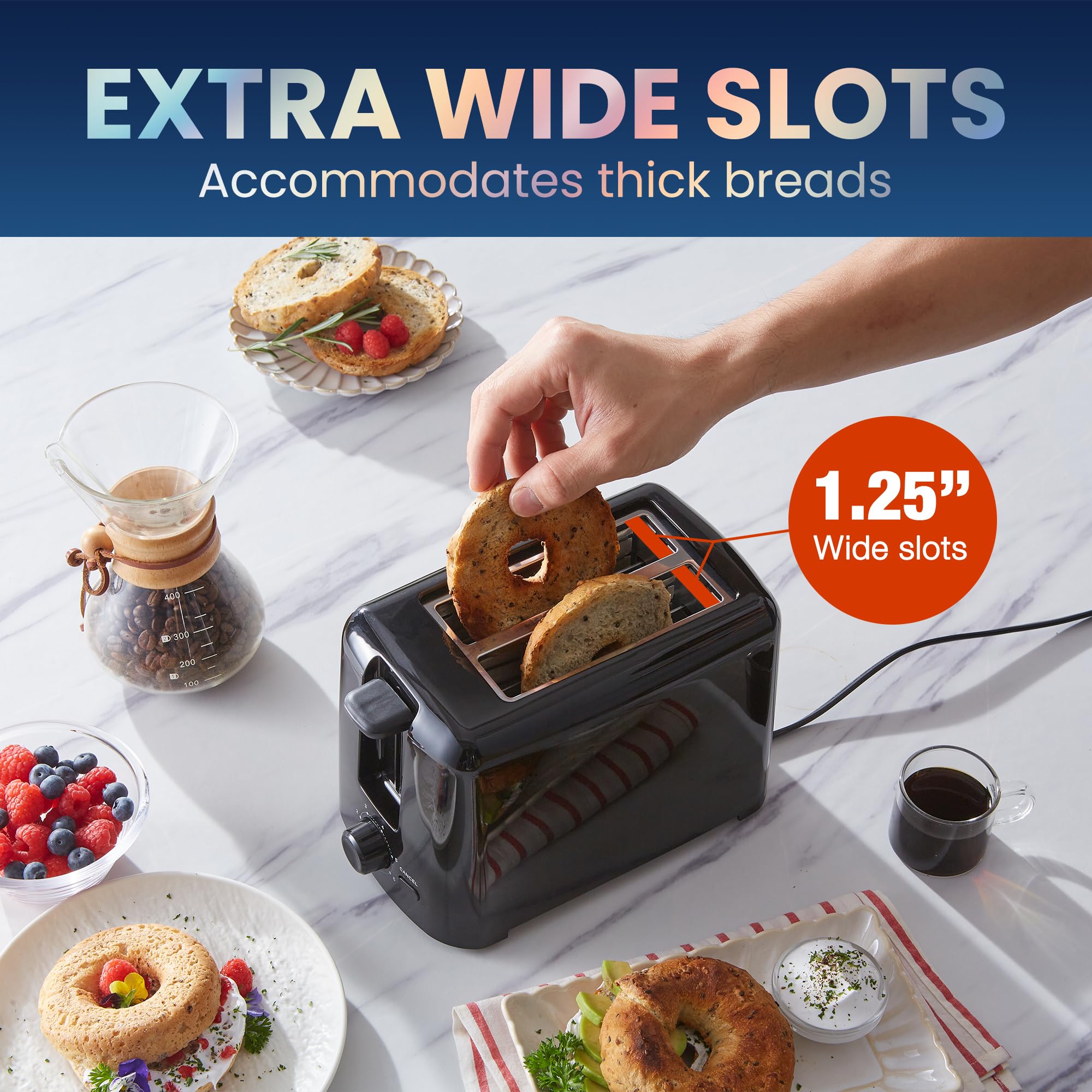 Elite Cuisine ECT1027B Cool Touch Toaster with 6 Temperature Settings & Extra Wide 1.25