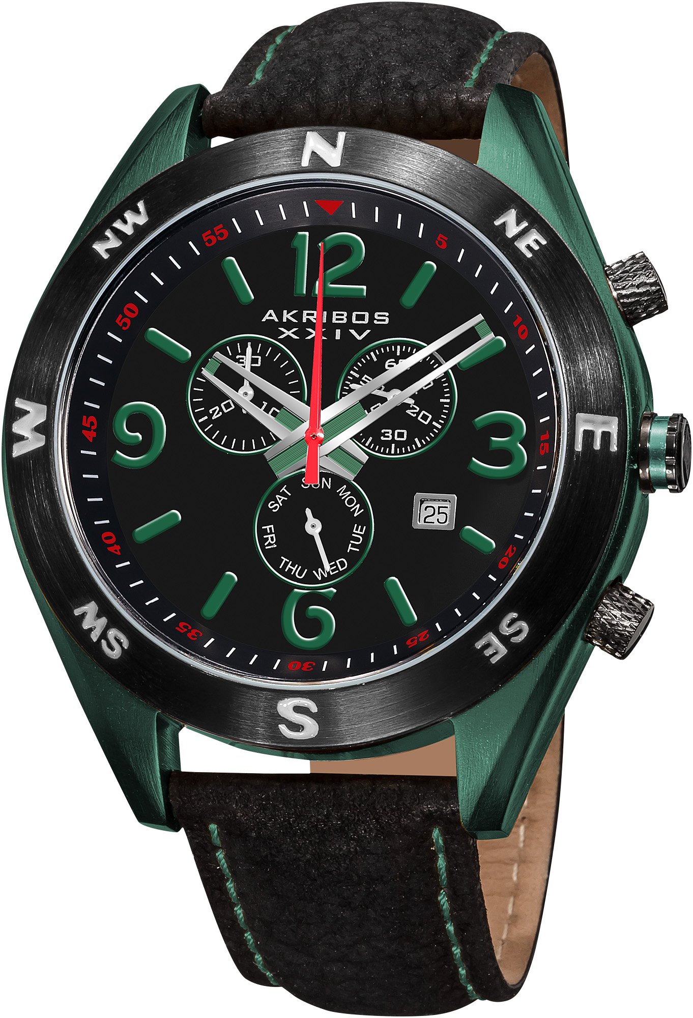 Akribos XXIV Men's AK582GN Conqueror Swiss Quartz Chronograph Leather Strap Watch