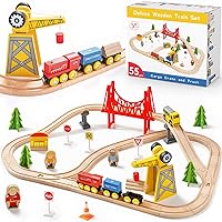 Tiny Land 55-Piece Wooden Train Set for Toddlers and Kids Ages 3-7, Fits Thomas Tracks