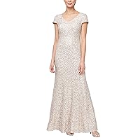 Alex Evenings Women's Long Rosette Lace Cap Sleeve Gown, Formal Dress for Mother of The Bride and Special Occasions